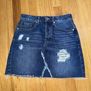 Forever 21 Jean Mini Skirt Denin Distressed Raw Hem Y2K Button‎ Fly S Grunge